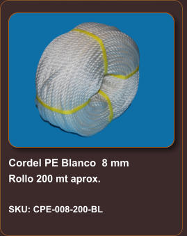 Cordel PE Blanco  8 mm Rollo 200 mt aprox.  SKU: CPE-008-200-BL