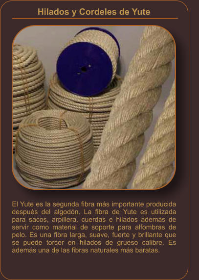 El Yute es la segunda fibra más importante producida después del algodón. La fibra de Yute es utilizada para sacos, arpillera, cuerdas e hilados además de servir como material de soporte para alfombras de pelo. Es una fibra larga, suave, fuerte y brillante que se puede torcer en hilados de grueso calibre. Es además una de las fibras naturales más baratas. Hilados y Cordeles de Yute
