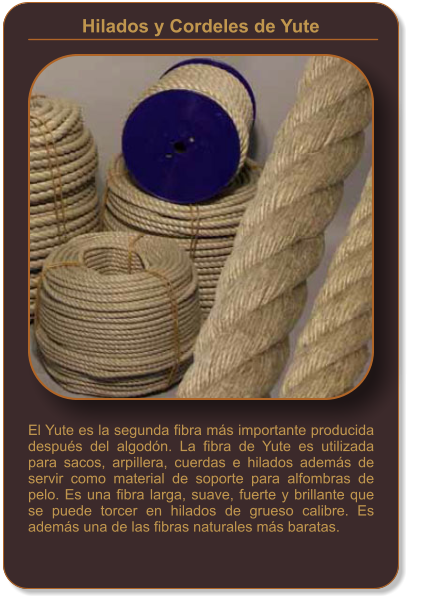 El Yute es la segunda fibra más importante producida después del algodón. La fibra de Yute es utilizada para sacos, arpillera, cuerdas e hilados además de servir como material de soporte para alfombras de pelo. Es una fibra larga, suave, fuerte y brillante que se puede torcer en hilados de grueso calibre. Es además una de las fibras naturales más baratas. Hilados y Cordeles de Yute