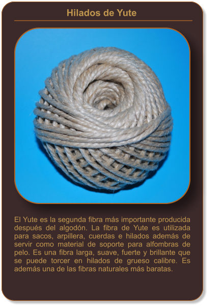 Hilados de Yute    El Yute es la segunda fibra más importante producida después del algodón. La fibra de Yute es utilizada para sacos, arpillera, cuerdas e hilados además de servir como material de soporte para alfombras de pelo. Es una fibra larga, suave, fuerte y brillante que se puede torcer en hilados de grueso calibre. Es además una de las fibras naturales más baratas.