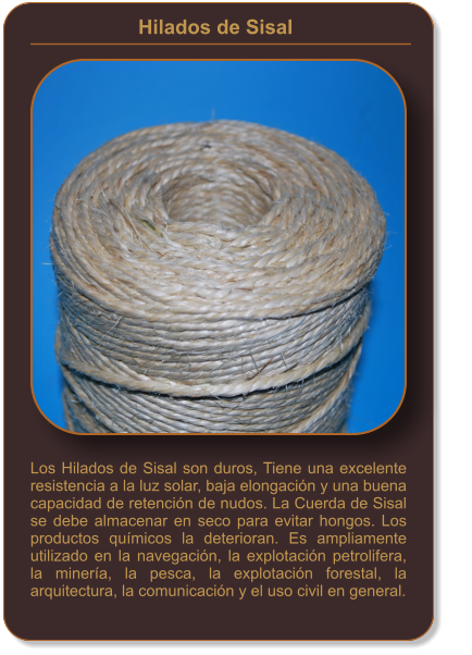 Hilados de Sisal    Los Hilados de Sisal son duros, Tiene una excelente resistencia a la luz solar, baja elongación y una buena capacidad de retención de nudos. La Cuerda de Sisal se debe almacenar en seco para evitar hongos. Los productos químicos la deterioran. Es ampliamente utilizado en la navegación, la explotación petrolifera, la minería, la pesca, la explotación forestal, la arquitectura, la comunicación y el uso civil en general.